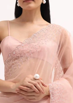 Peach Organza Saree In Sequins With Unstitched Blouse