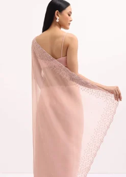 Peach Organza Saree In Sequins With Unstitched Blouse