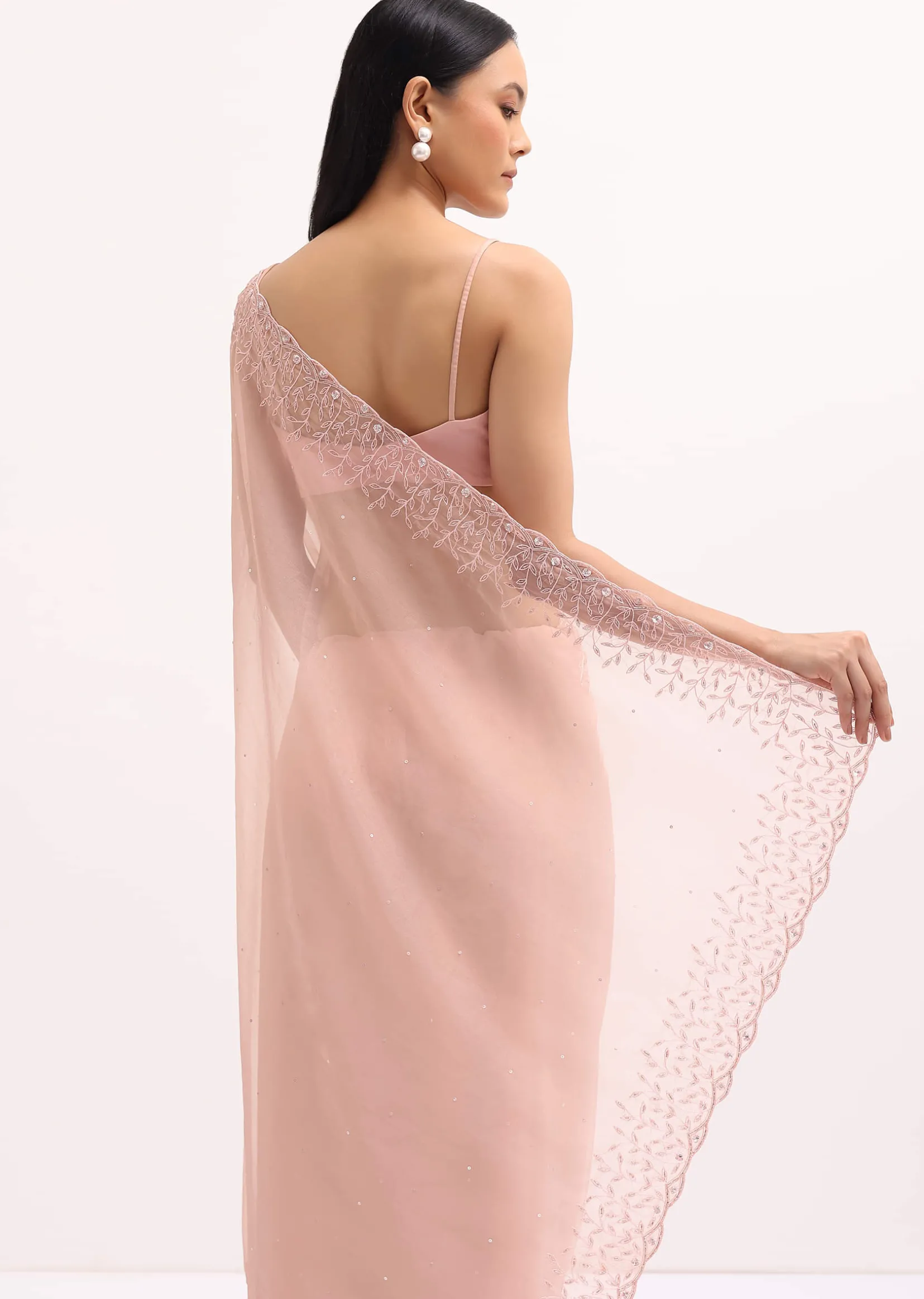 Peach Organza Saree In Sequins With Unstitched Blouse