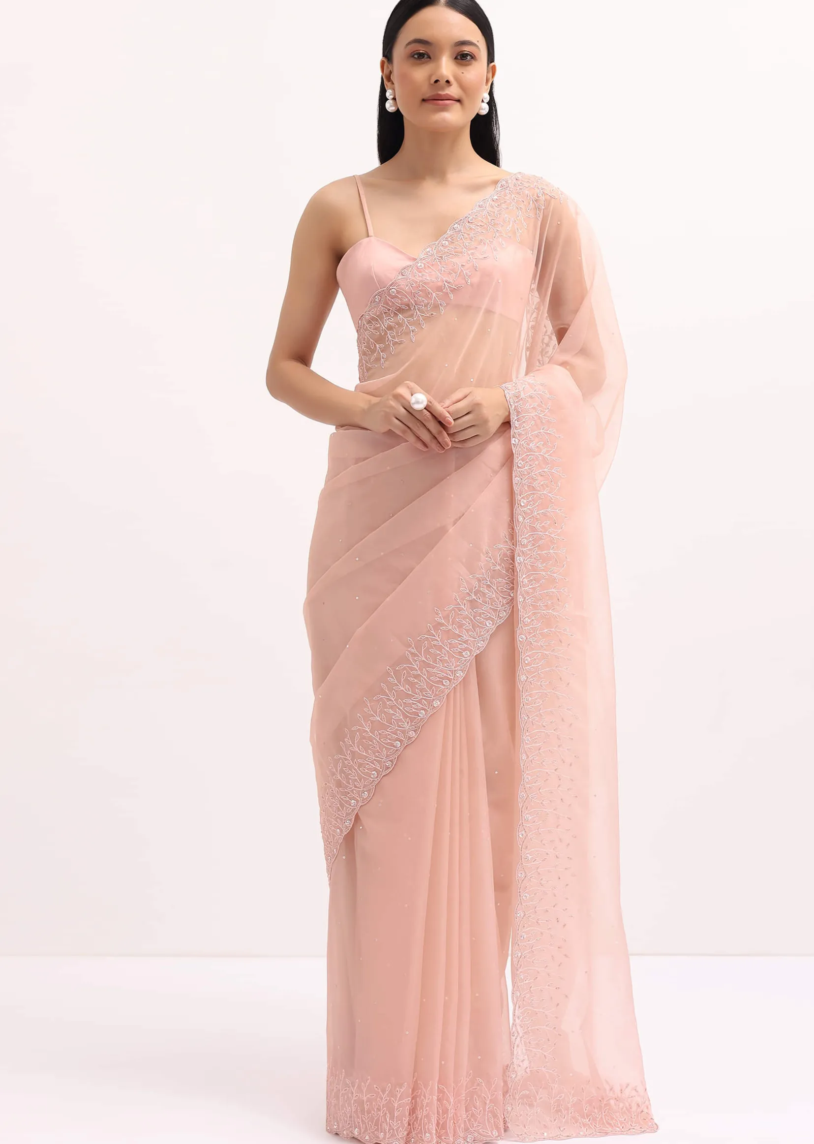 Peach Organza Saree In Sequins With Unstitched Blouse