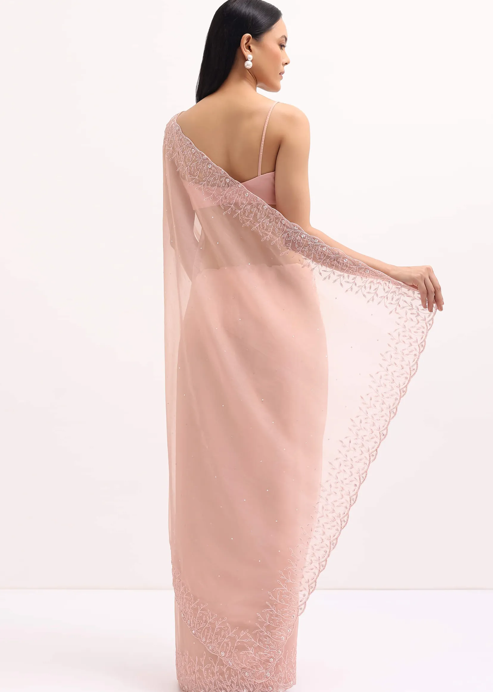 Peach Organza Saree In Sequins With Unstitched Blouse