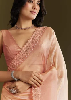 Peach Organza Saree With Stone Embellishment And Scallop Border