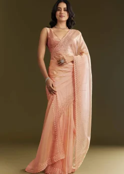 Peach Organza Saree With Stone Embellishment And Scallop Border
