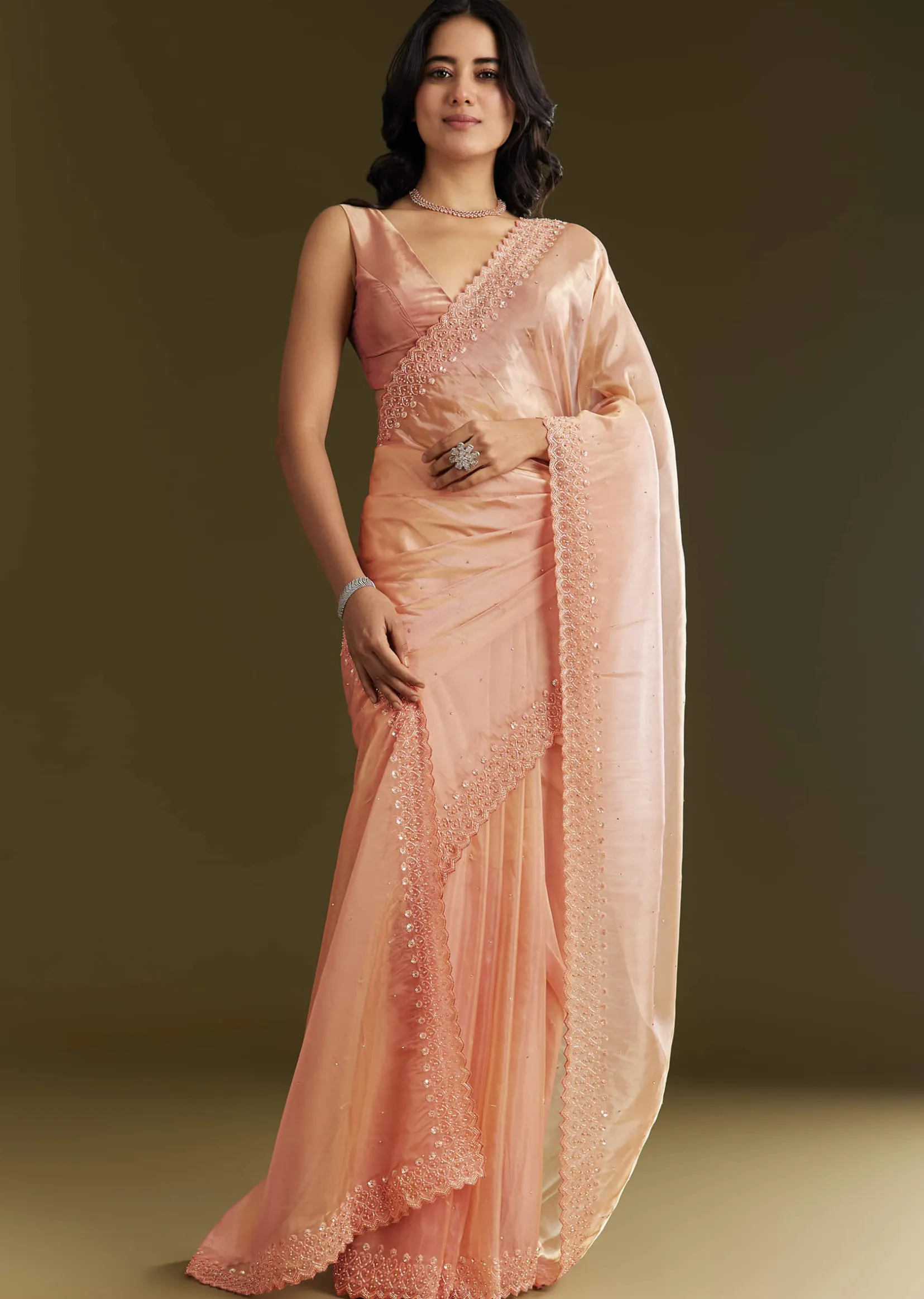 Peach Organza Saree With Stone Embellishment And Scallop Border