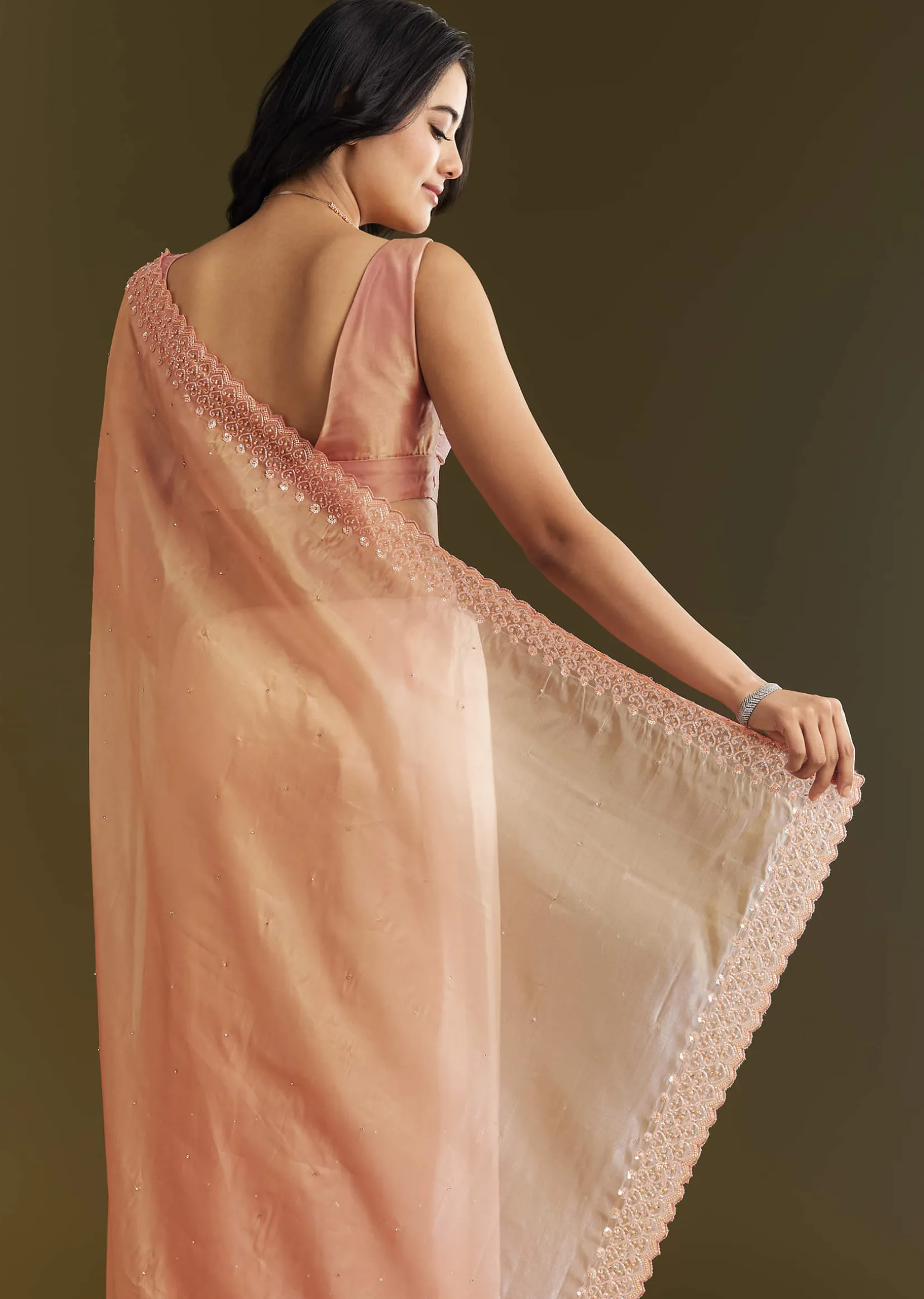 Peach Organza Saree With Stone Embellishment And Scallop Border