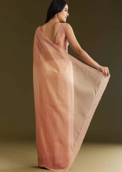 Peach Organza Saree With Stone Embellishment And Scallop Border