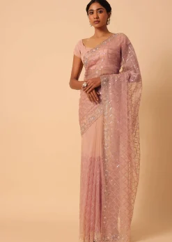 Peach Organza Saree With Cutdana Work And Unstitched Blouse Piece