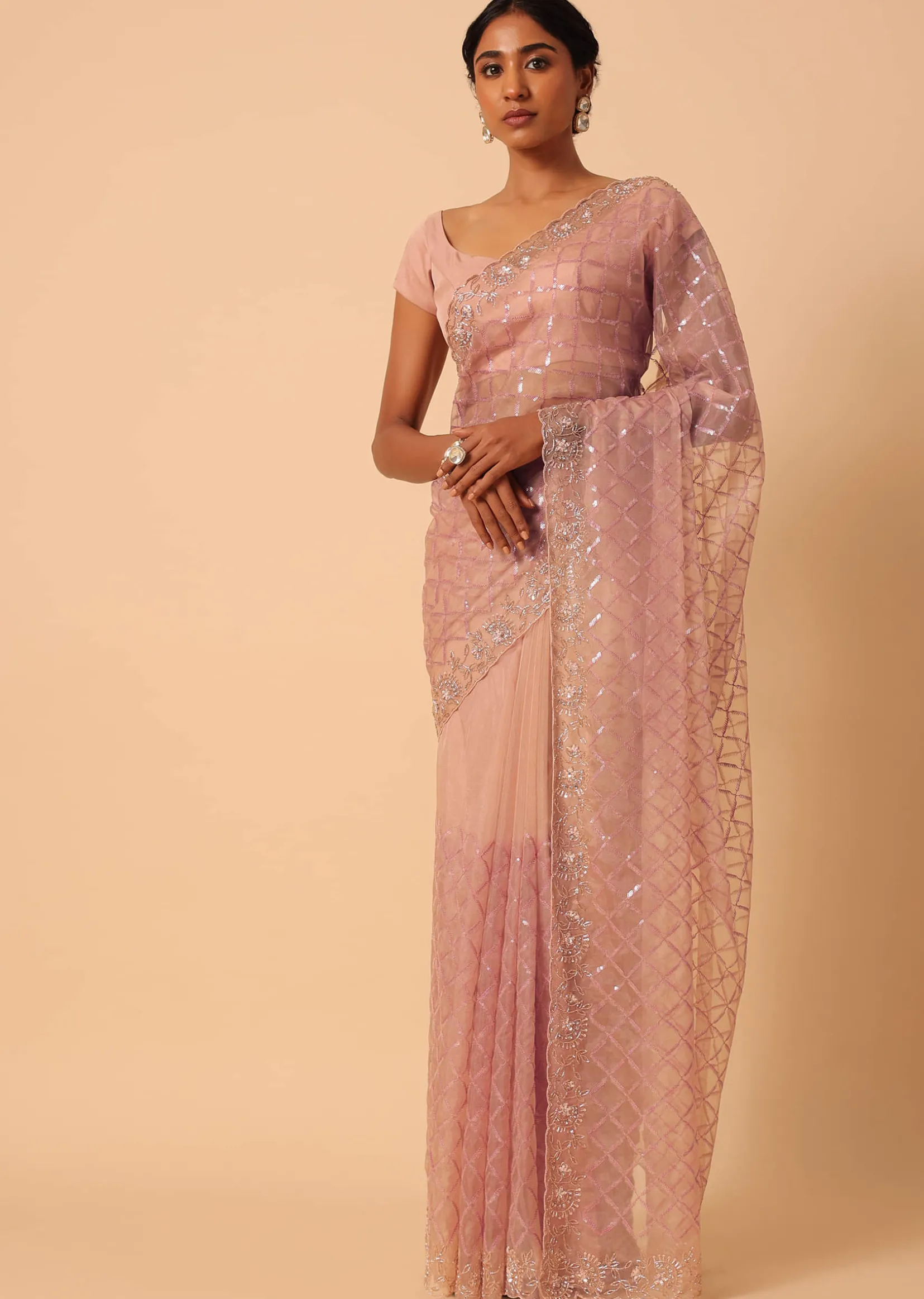Peach Organza Saree With Cutdana Work And Unstitched Blouse Piece