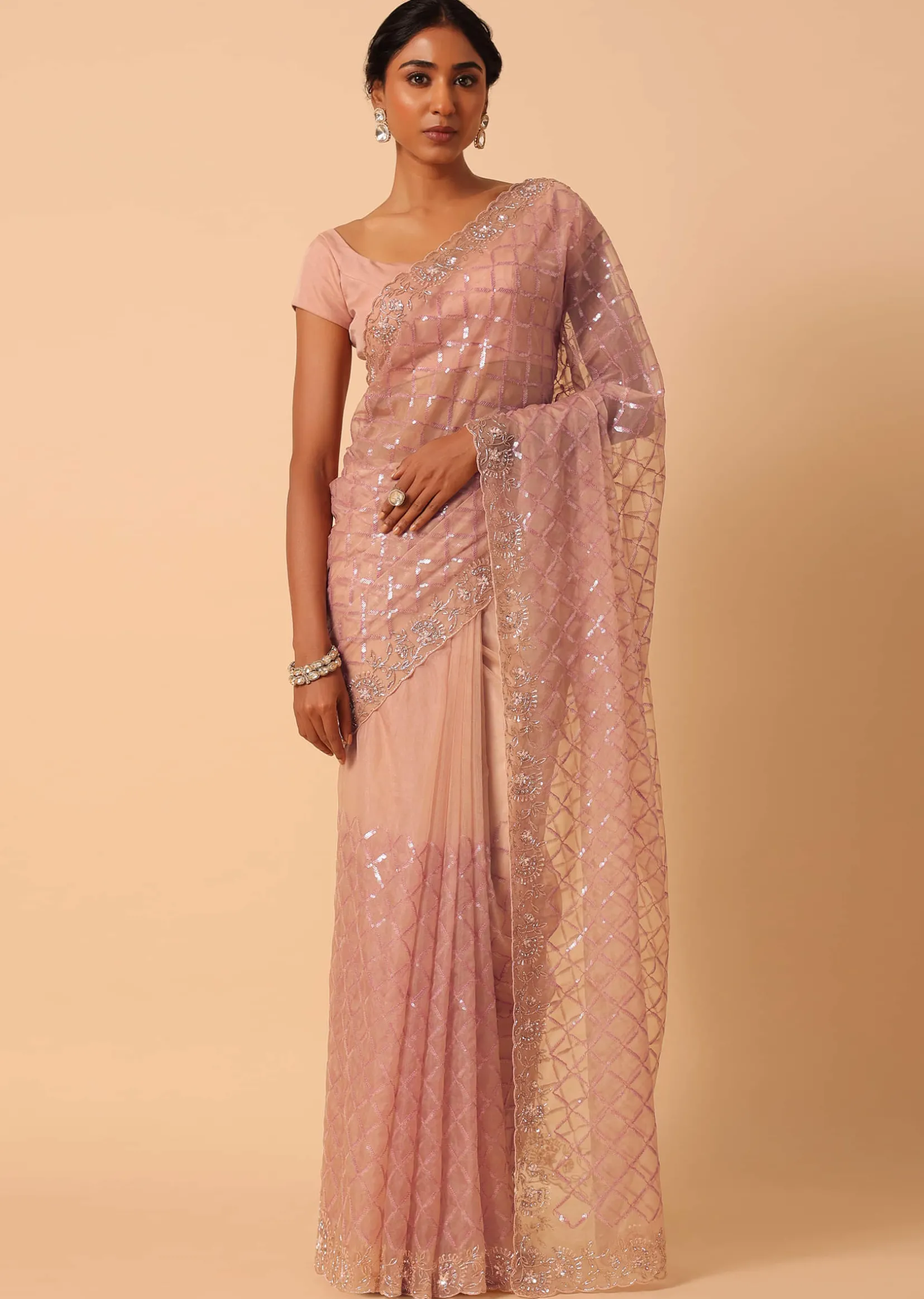 Peach Organza Saree With Cutdana Work And Unstitched Blouse Piece