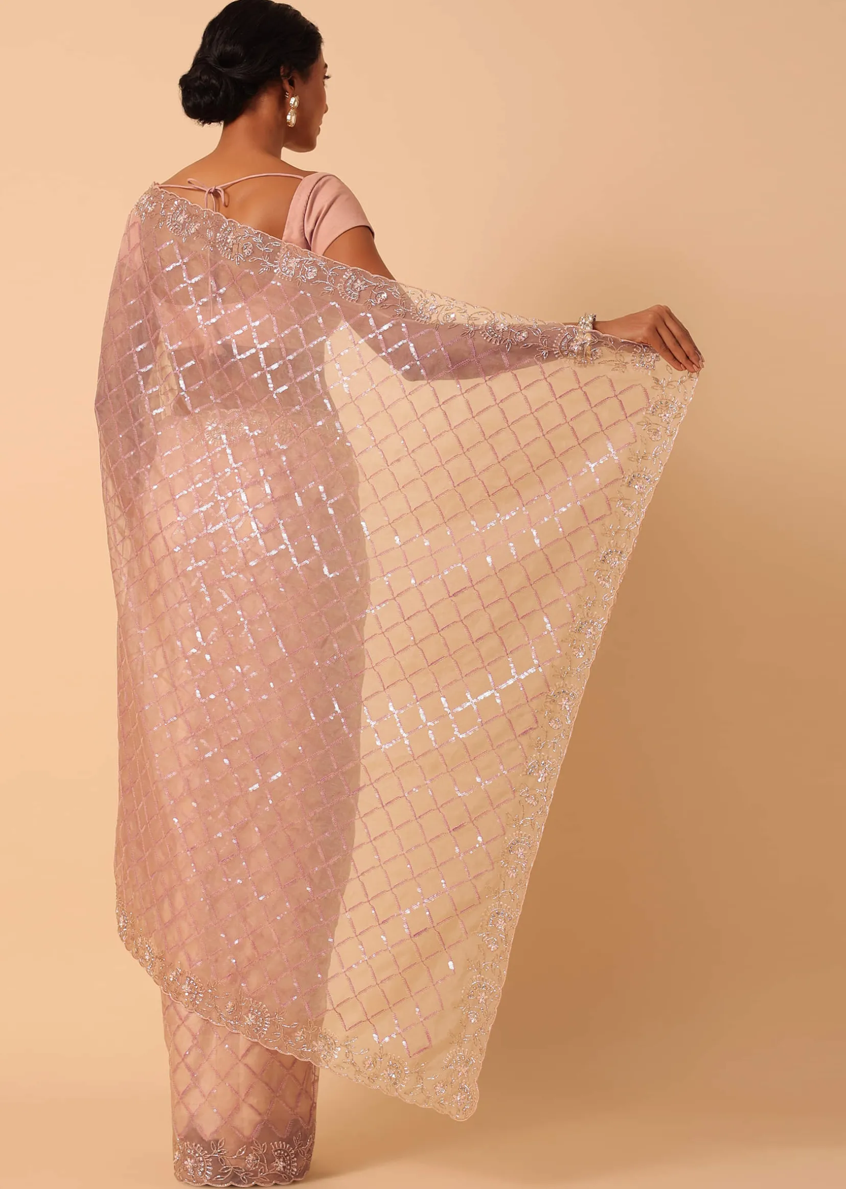 Peach Organza Saree With Cutdana Work And Unstitched Blouse Piece