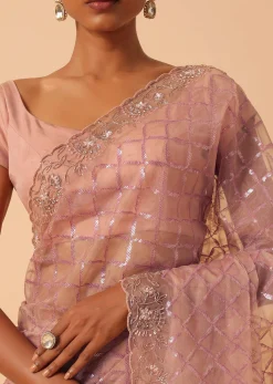 Peach Organza Saree With Cutdana Work And Unstitched Blouse Piece