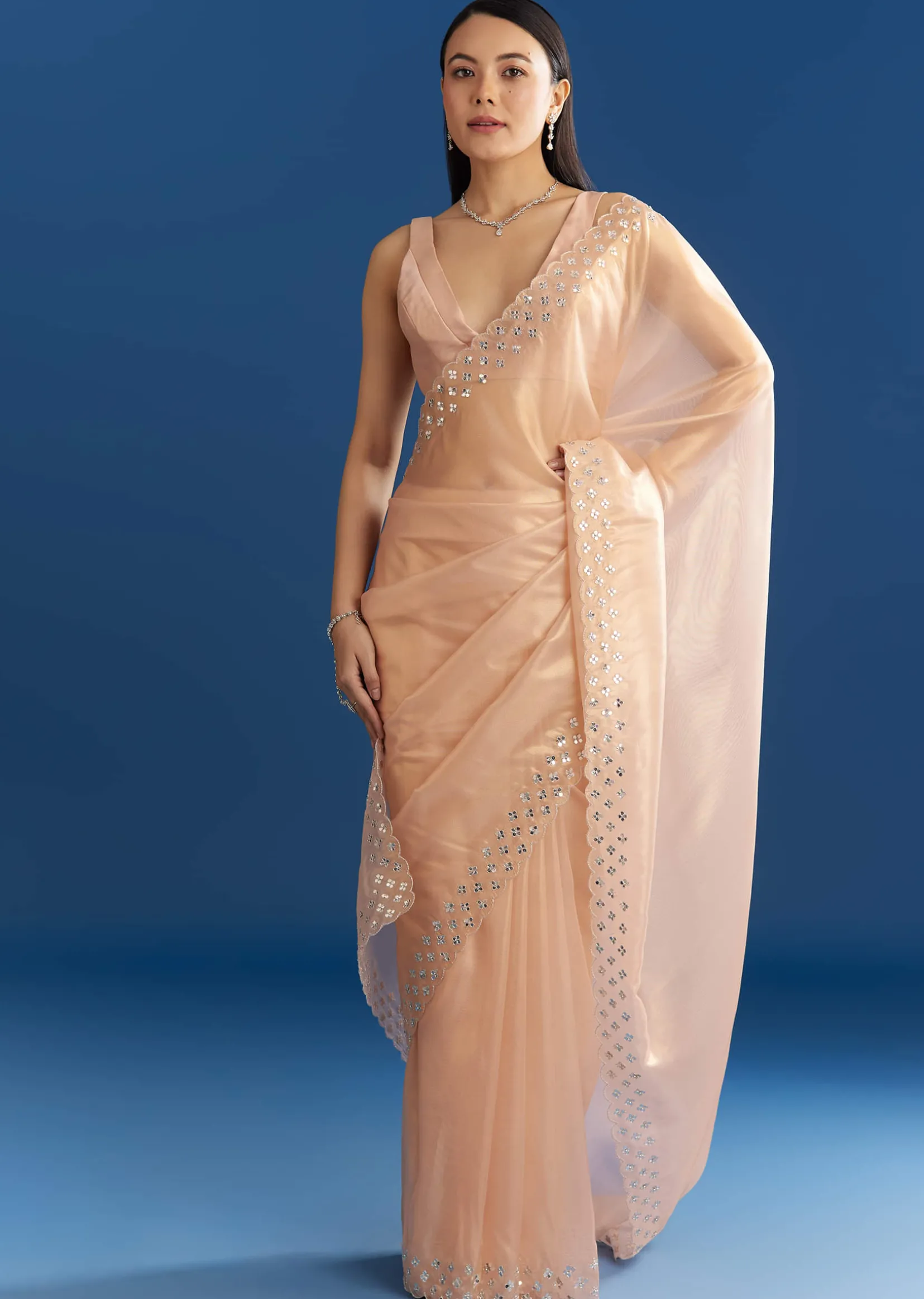 Peach Organza Tissue Saree With Cutdana Embellished Border
