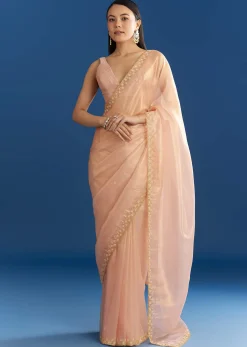 Peach Organza Tissue Saree With Scalloped Embroidery