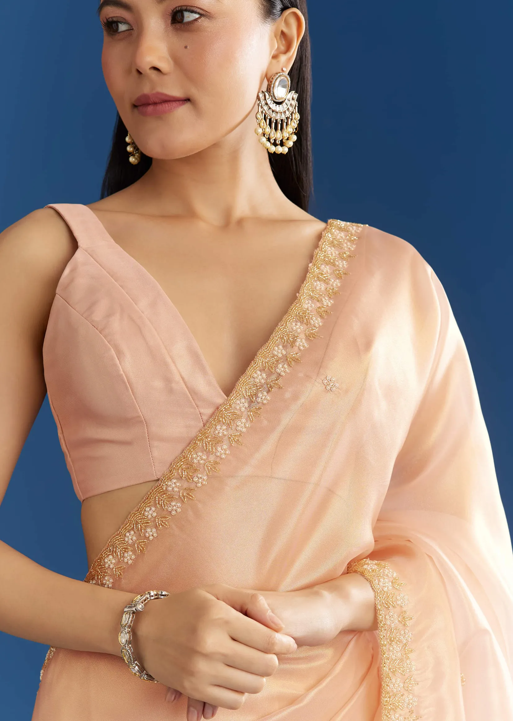 Peach Organza Tissue Saree With Scalloped Embroidery
