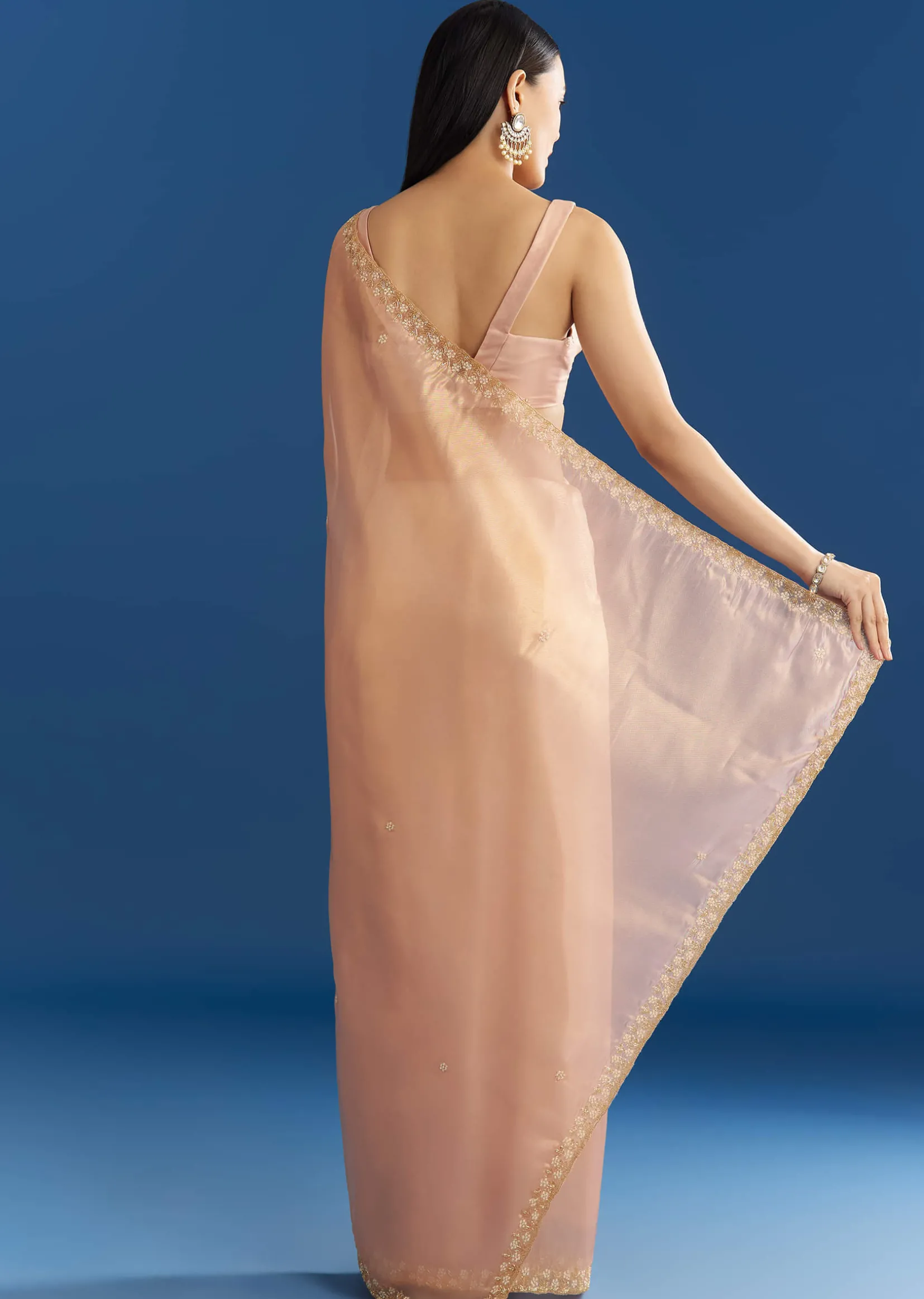 Peach Organza Tissue Saree With Scalloped Embroidery