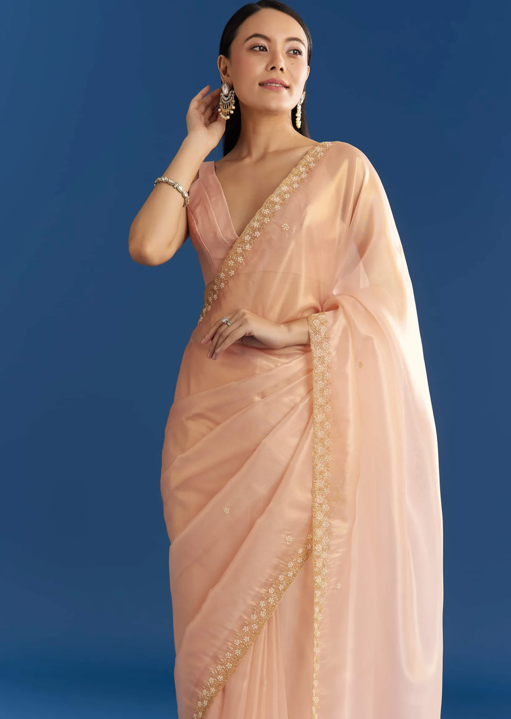 Peach Organza Tissue Saree With Scalloped Embroidery