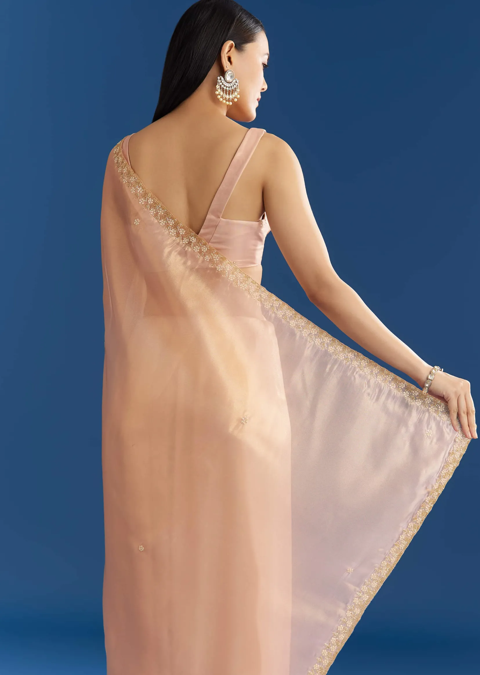 Peach Organza Tissue Saree With Scalloped Embroidery