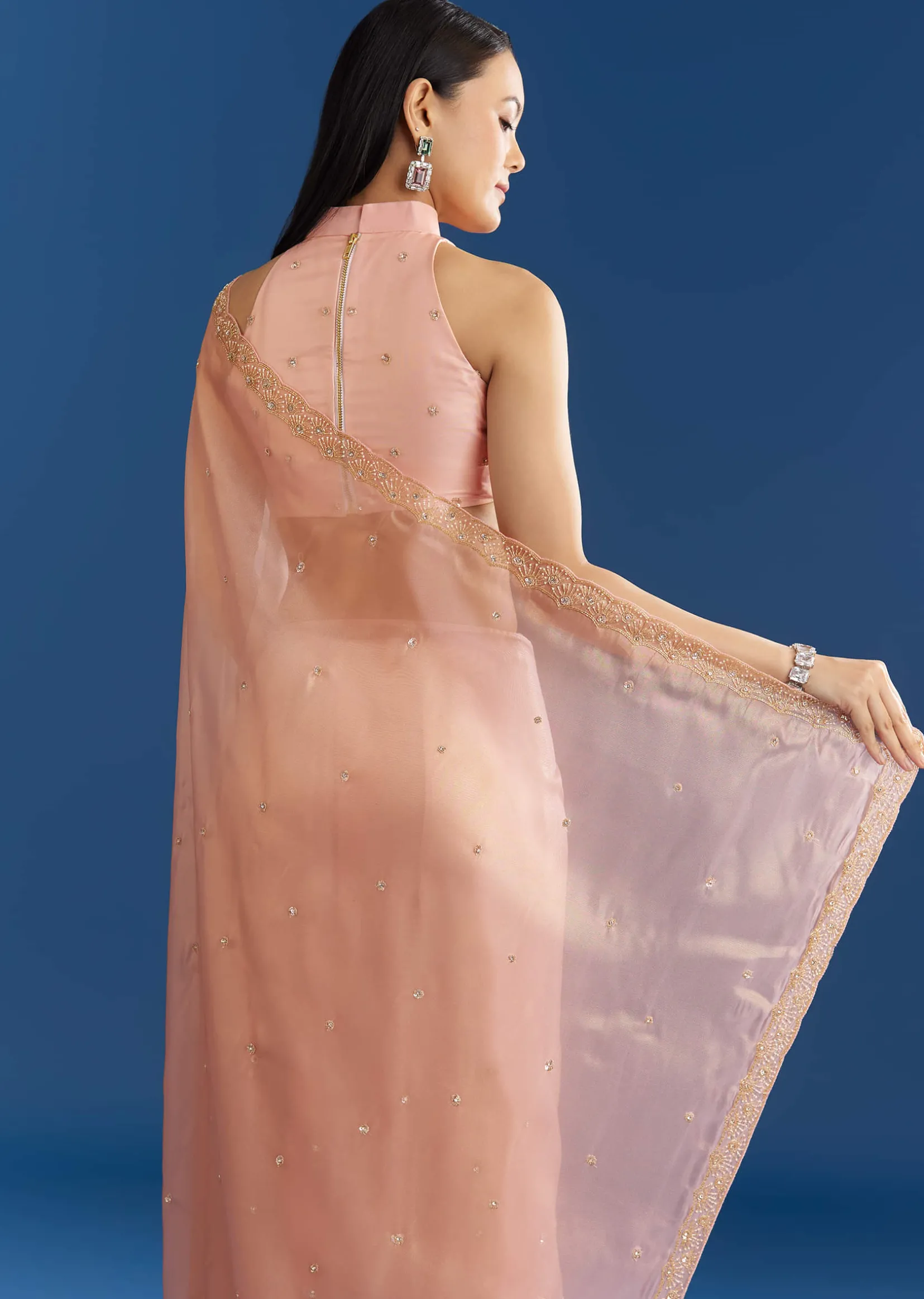 Peach Organza Tissue Saree With Scallop Edge