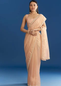 Peach Organza Tissue Saree With Beaded Border