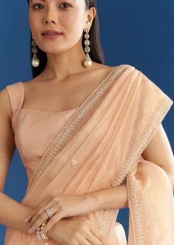 Peach Organza Tissue Saree With Beaded Border