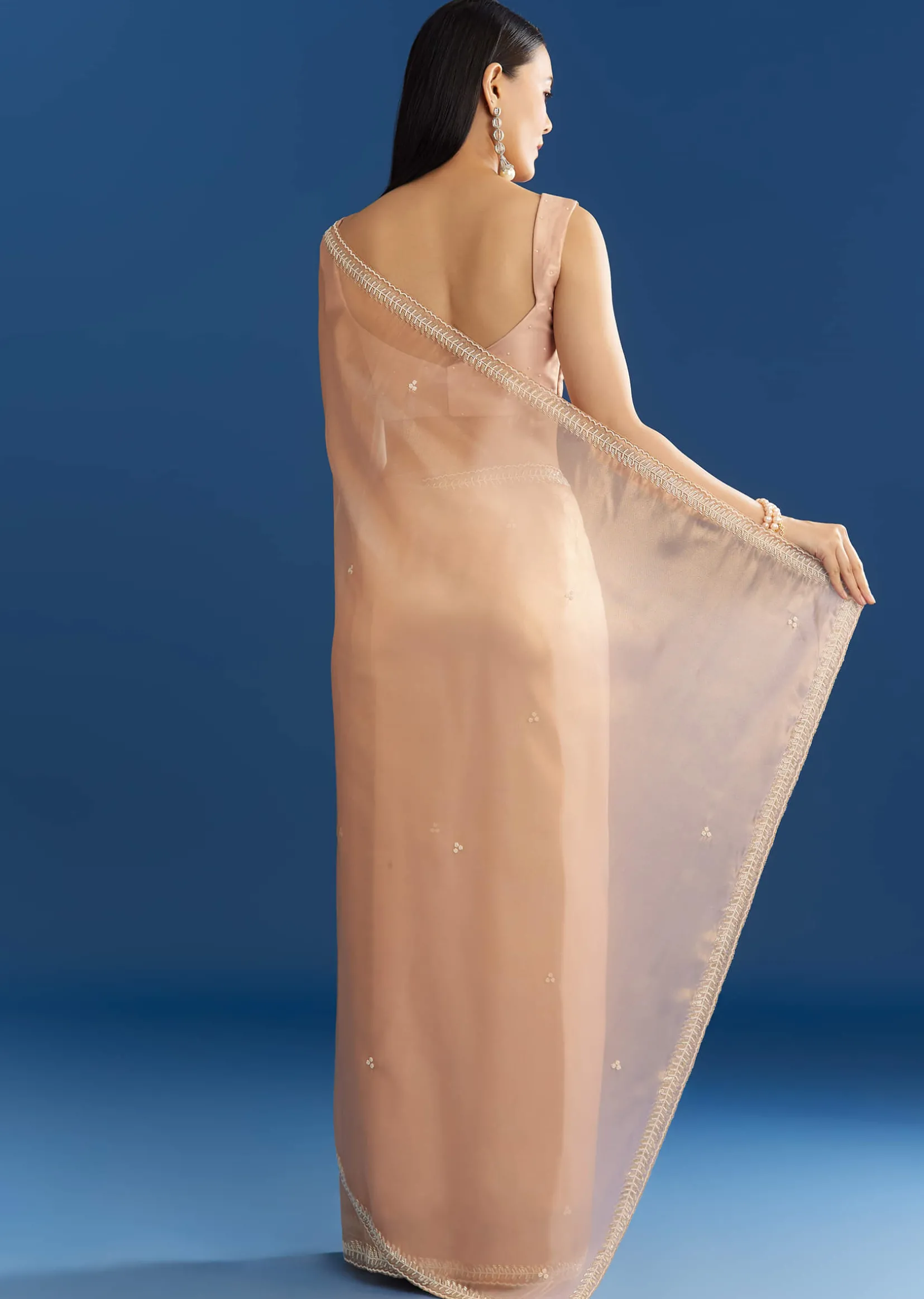 Peach Organza Tissue Saree With Beaded Border