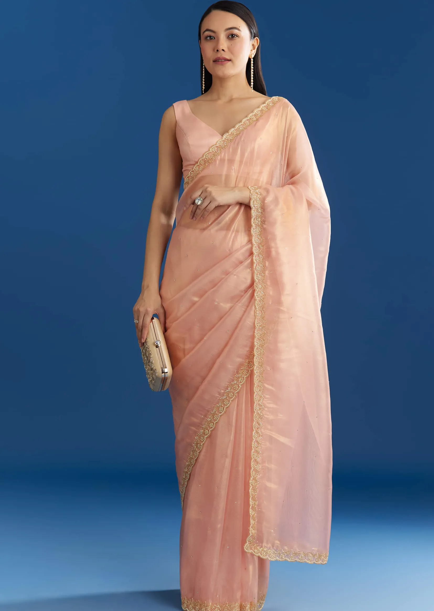 Peach Organza Tissue Saree With Beaded Scallop