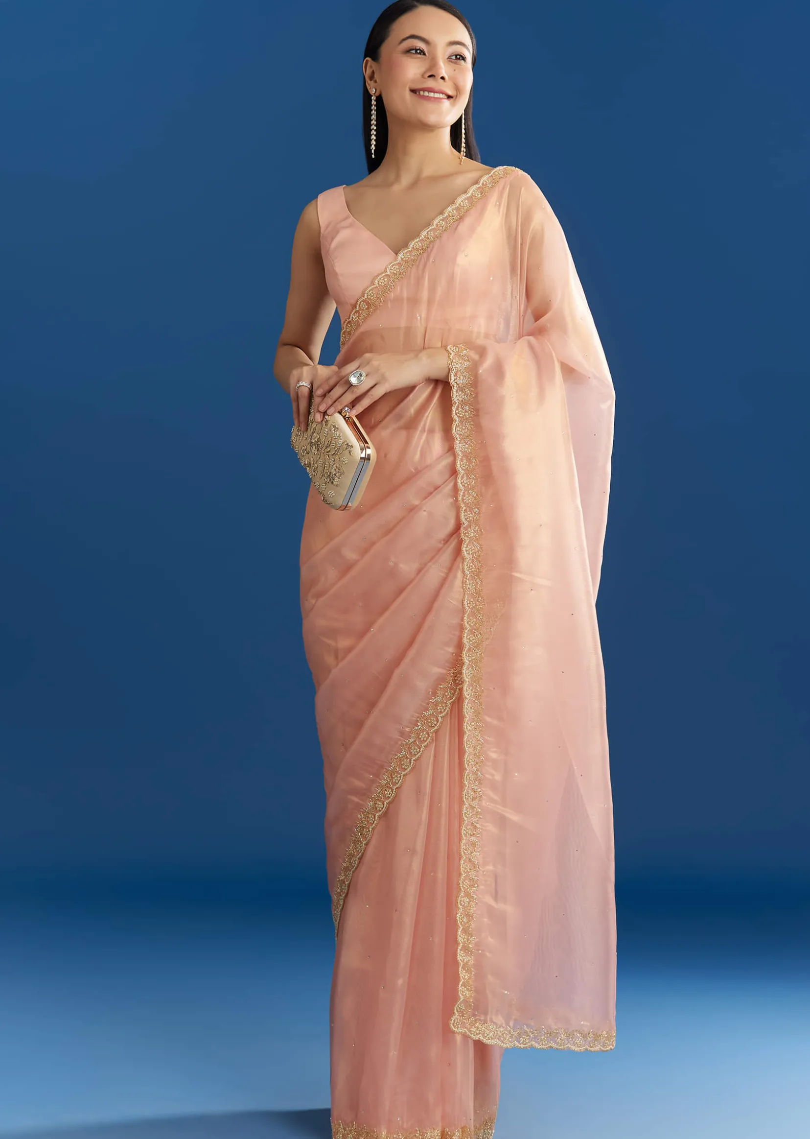 Peach Organza Tissue Saree With Beaded Scallop