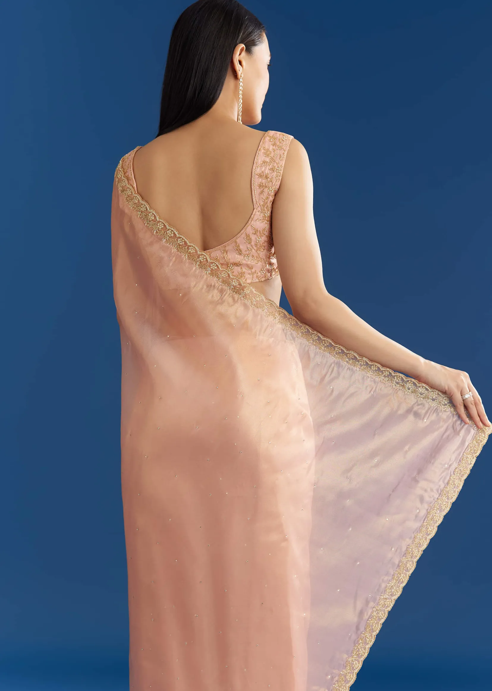 Peach Organza Tissue Saree With Beaded Scallop
