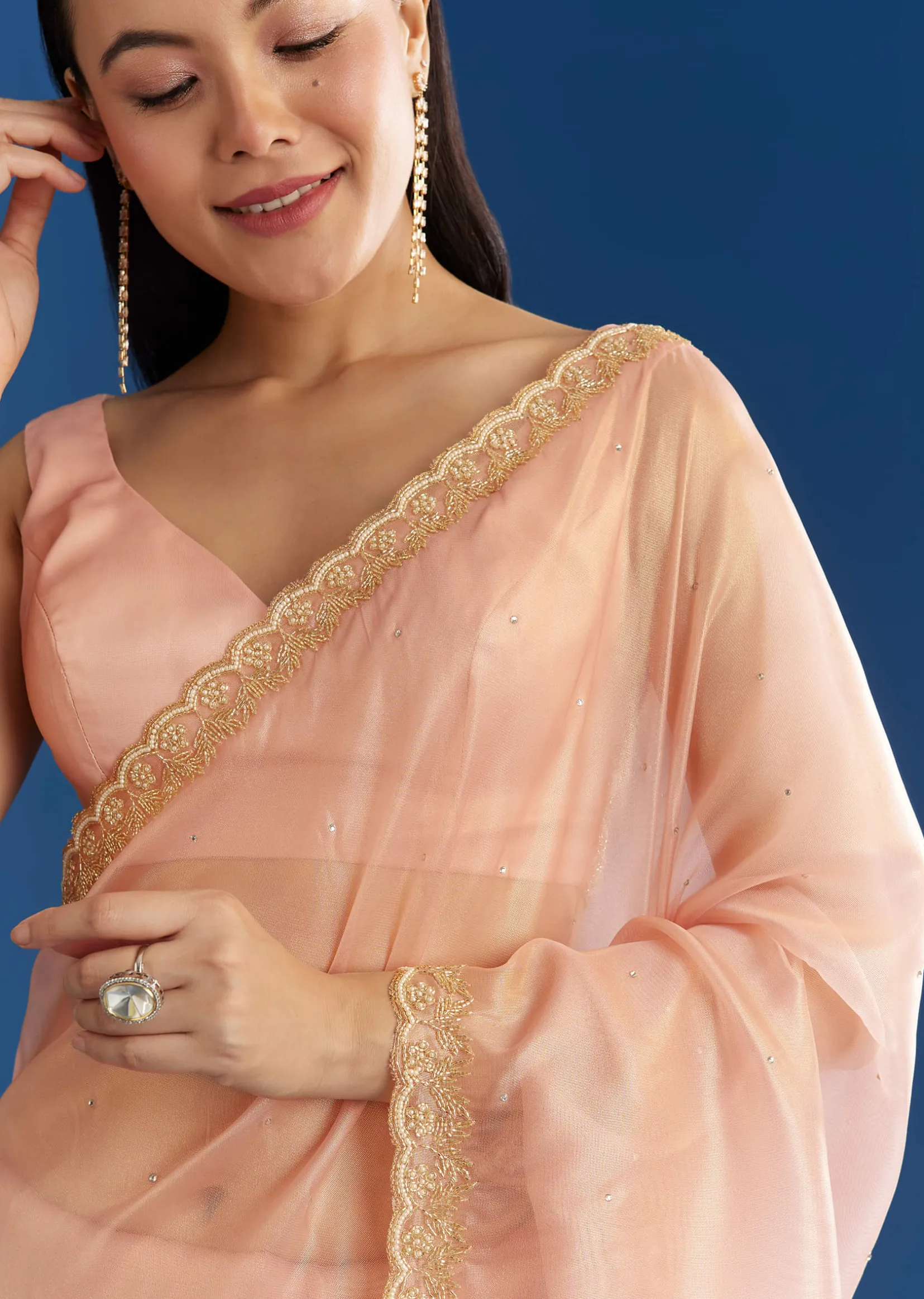 Peach Organza Tissue Saree With Beaded Scallop