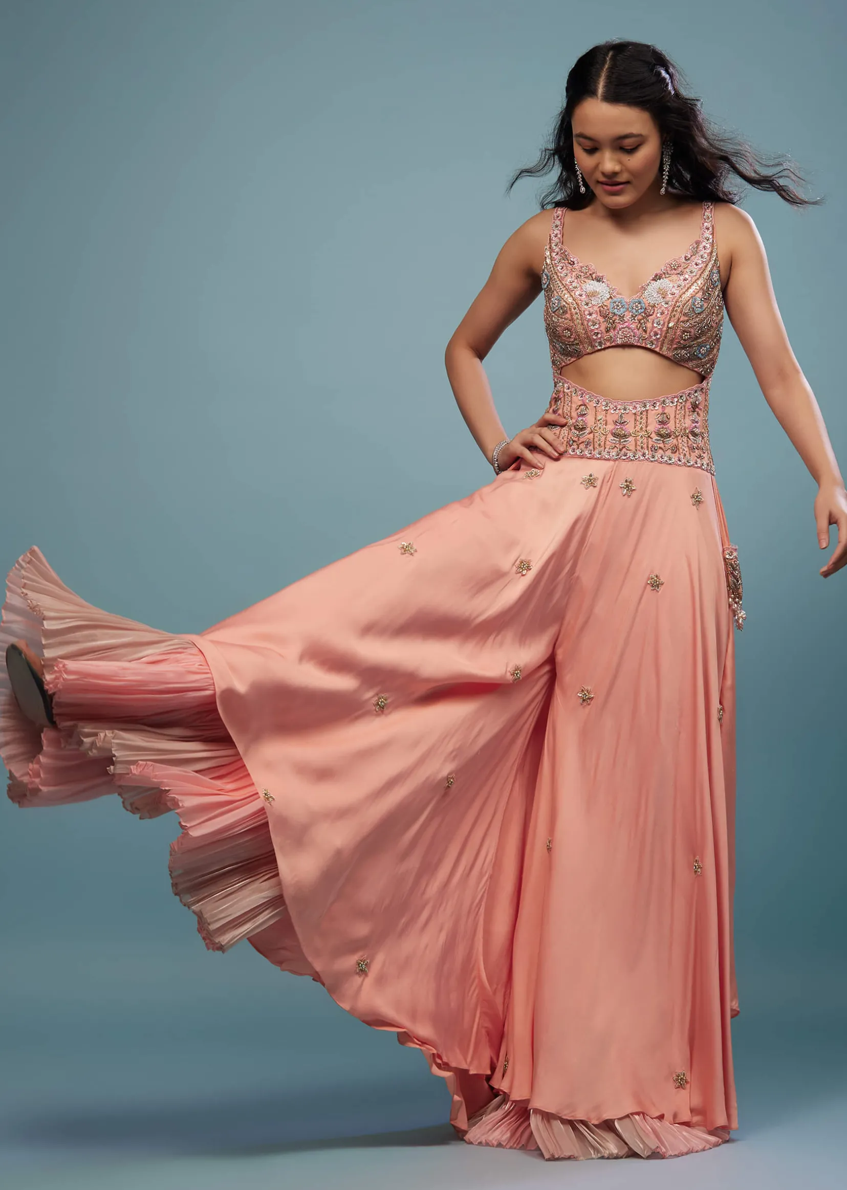 Peach Pink Embroidered Jumpsuit In Satin