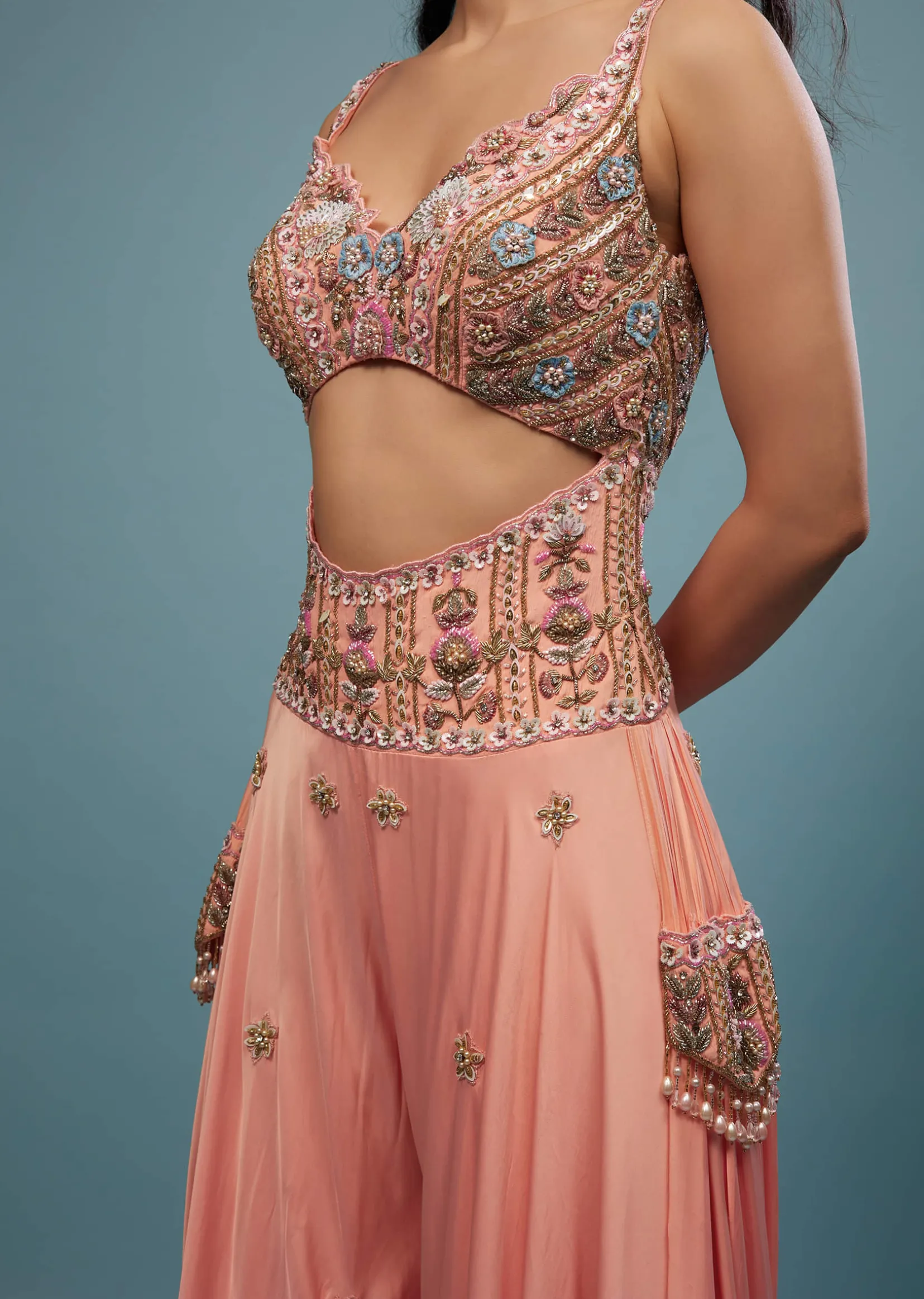 Peach Pink Embroidered Jumpsuit In Satin