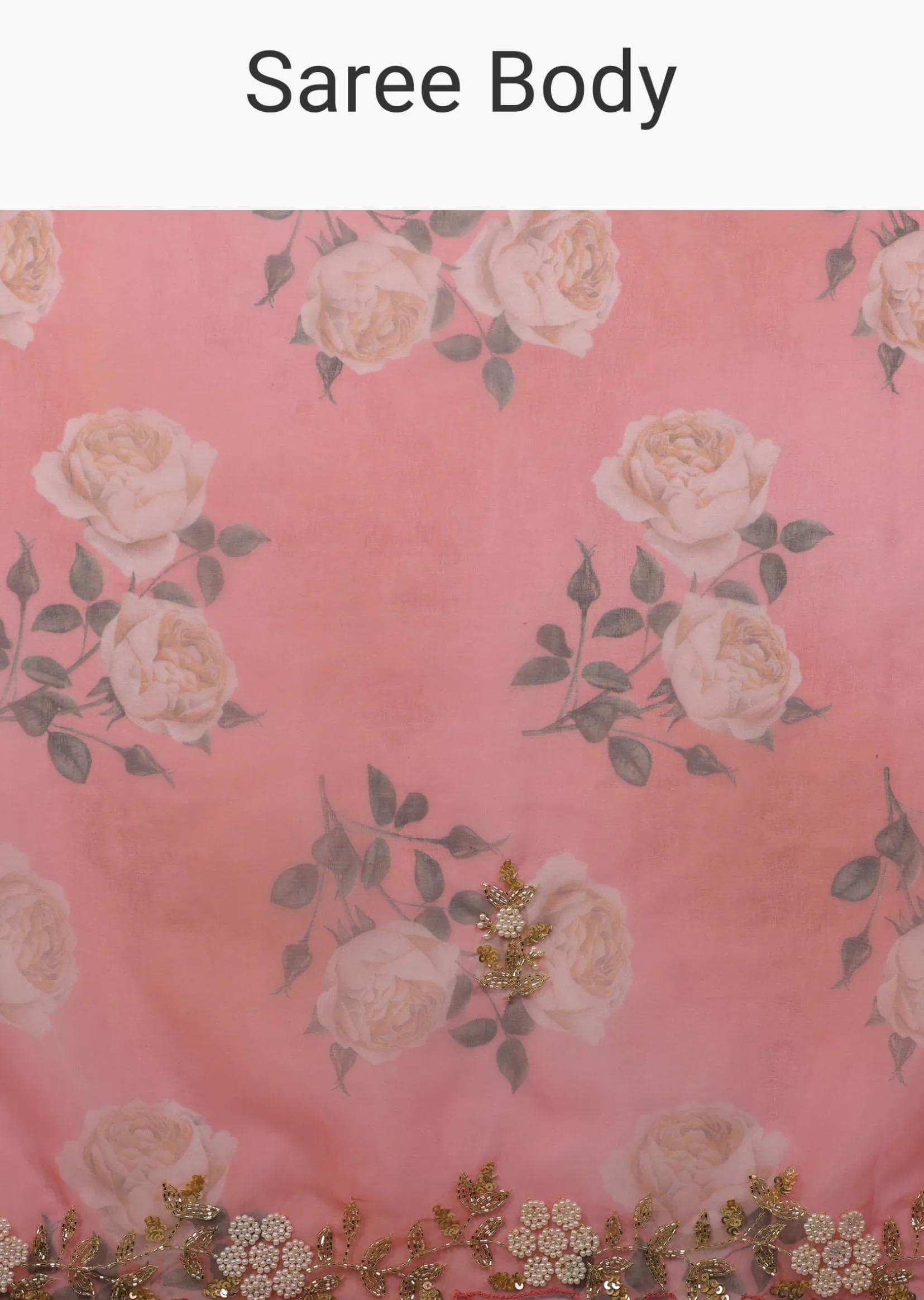 Peach Pink Floral Printed Saree In Organza With Cut Dana Butti All Over
