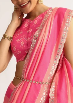 Peach Pink Mirrorwork Cutdana Work Georgette Saree