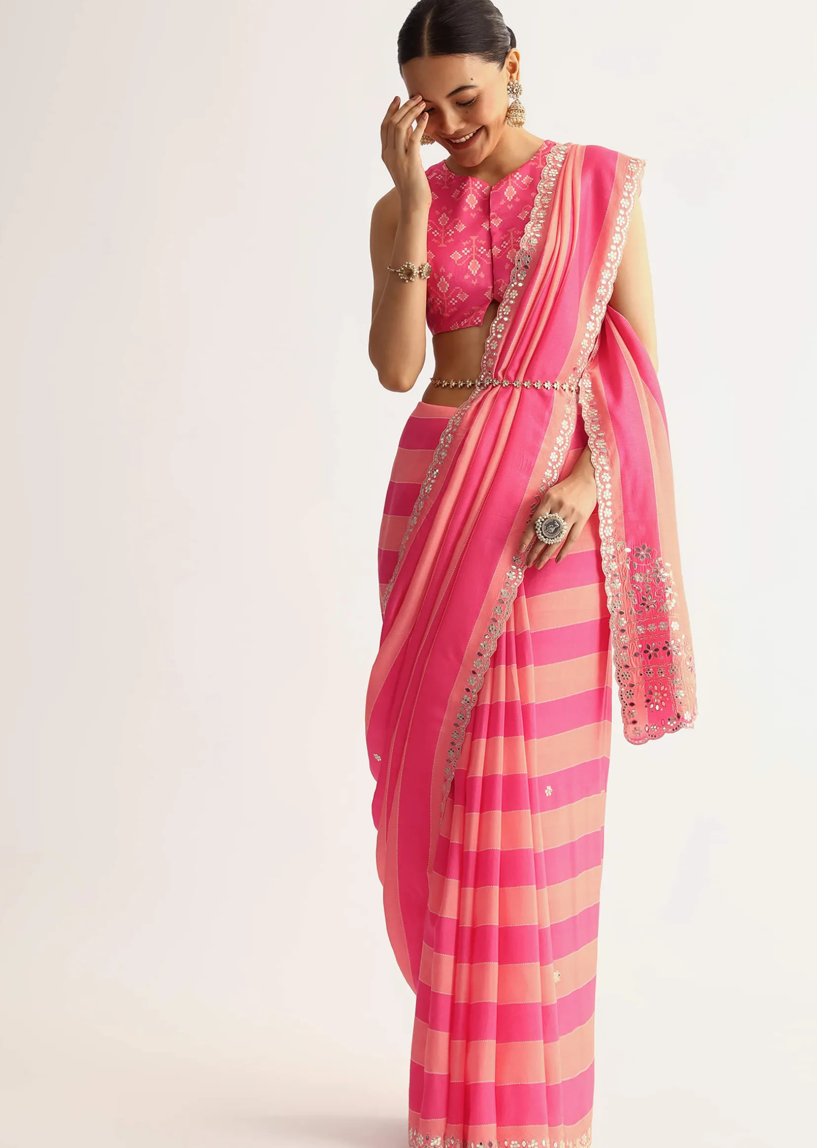 Peach Pink Mirrorwork Cutdana Work Georgette Saree