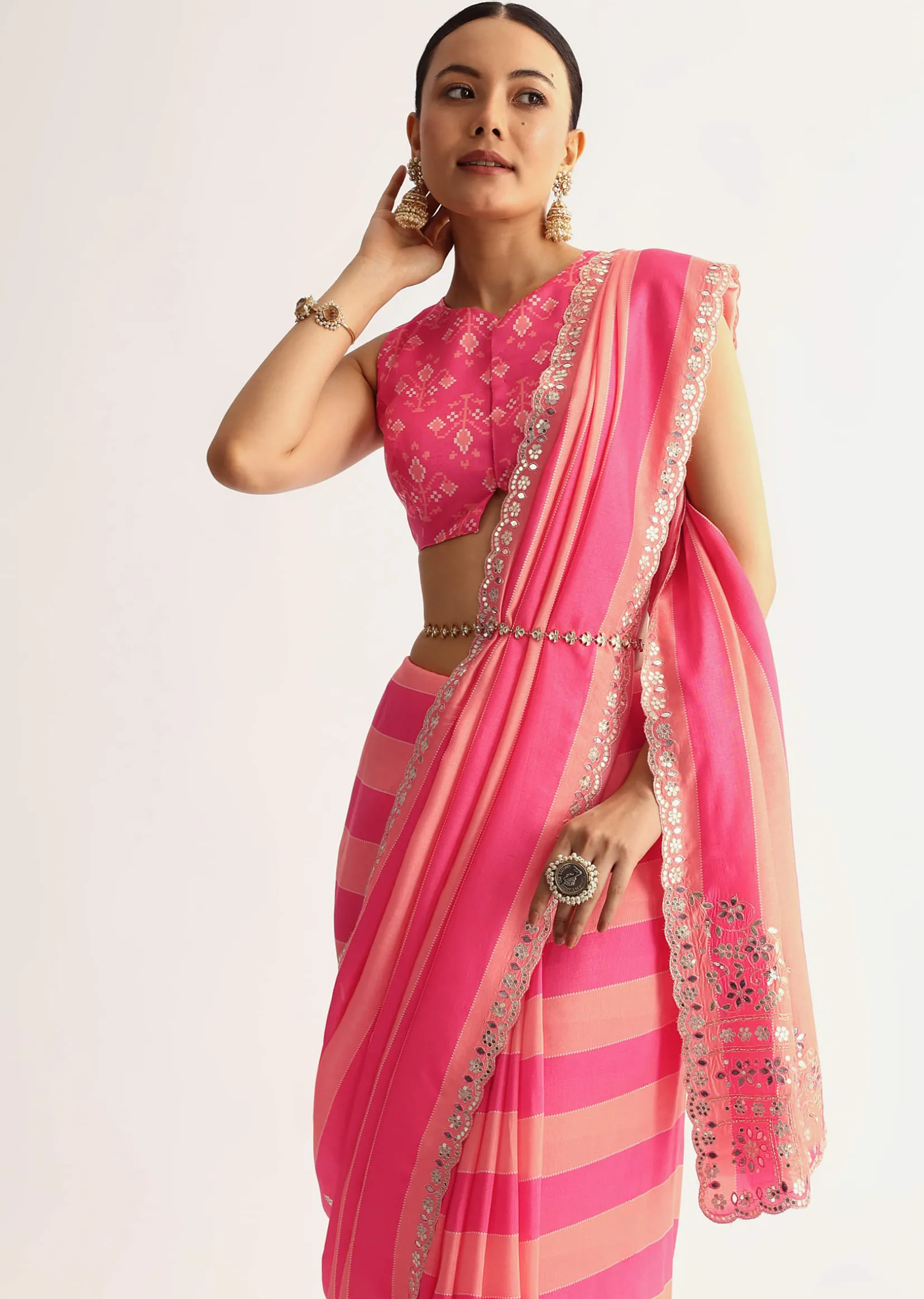 Peach Pink Mirrorwork Cutdana Work Georgette Saree