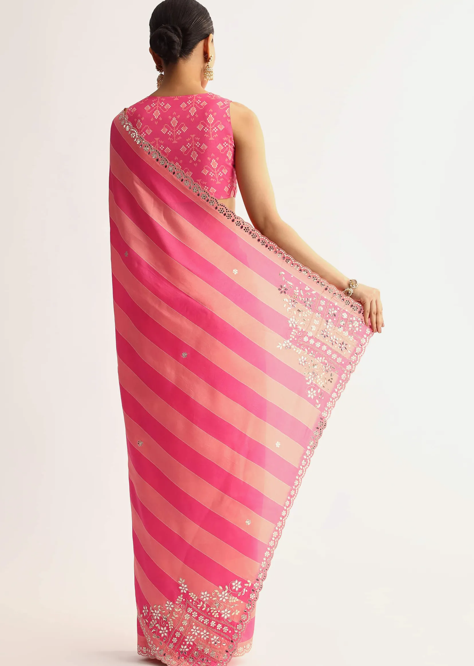 Peach Pink Mirrorwork Cutdana Work Georgette Saree