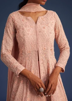 Peach Pink Organza Kurta Set With Chinon Skirt