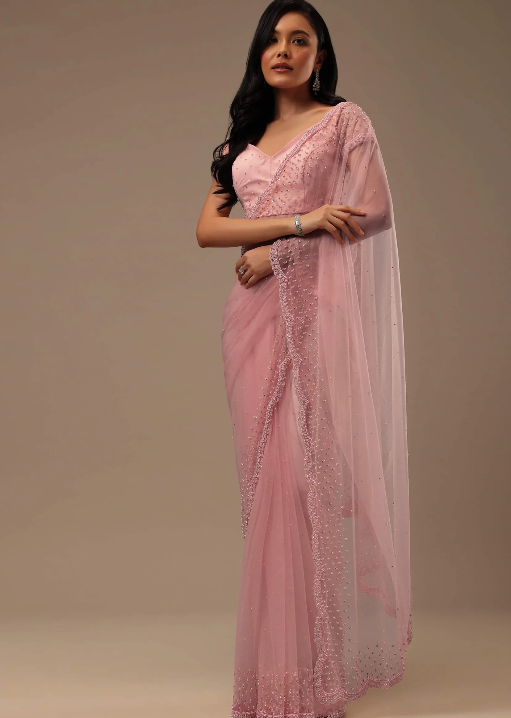 Peach Pink Stone And Beads Embellished Net Saree