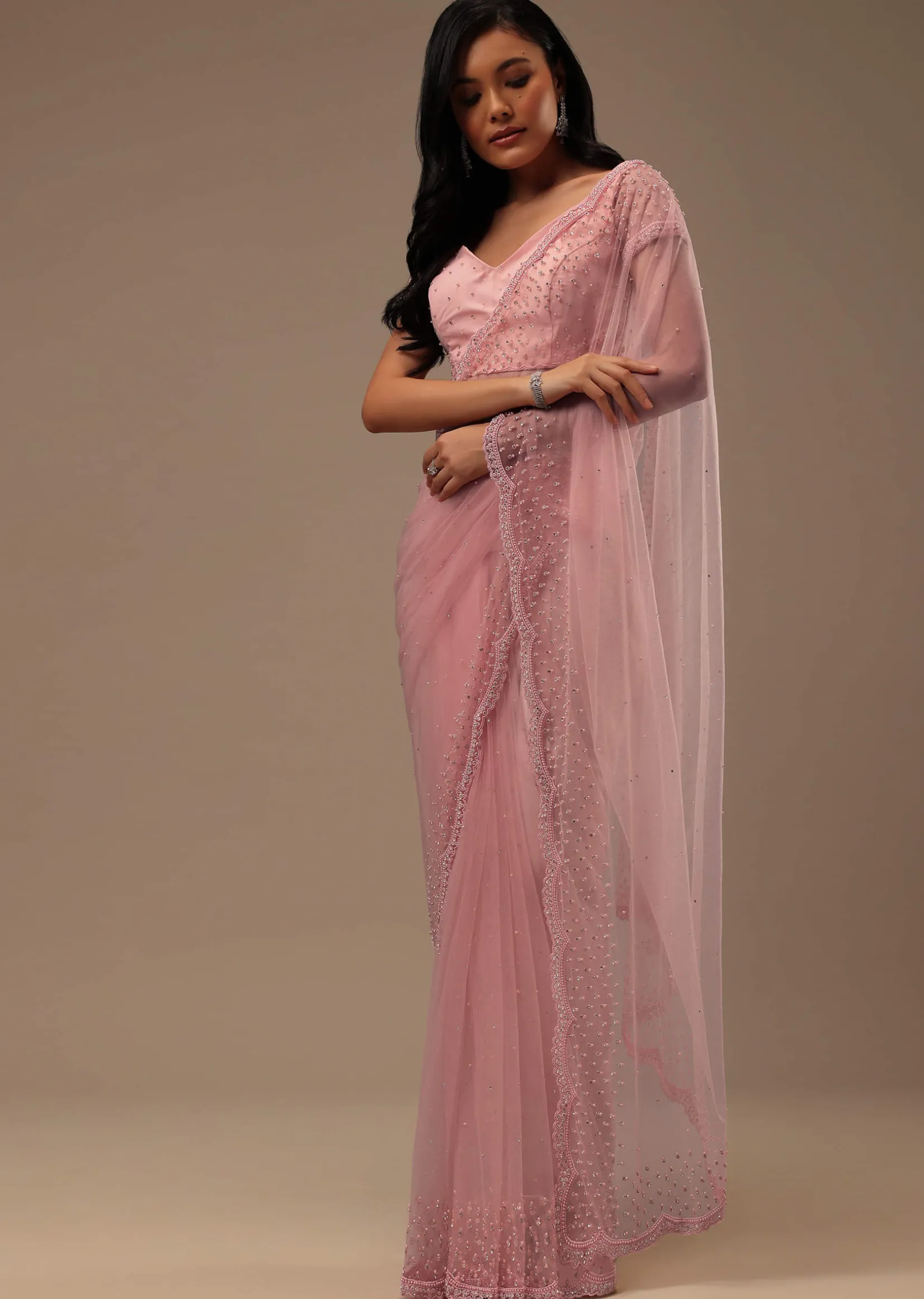 Peach Pink Stone And Beads Embellished Net Saree