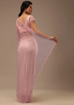 Peach Pink Stone And Beads Embellished Net Saree