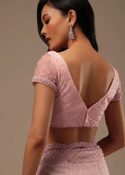 Peach Pink Stone And Beads Embellished Net Saree