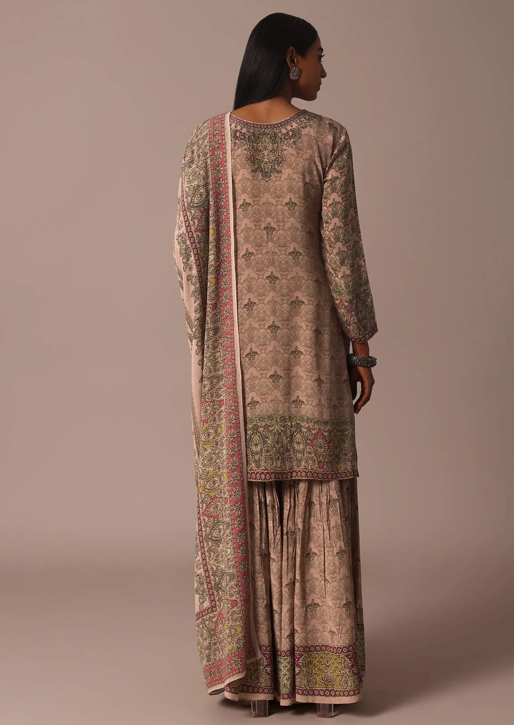 Peach Printed Embellished Kurta Palazzo Set