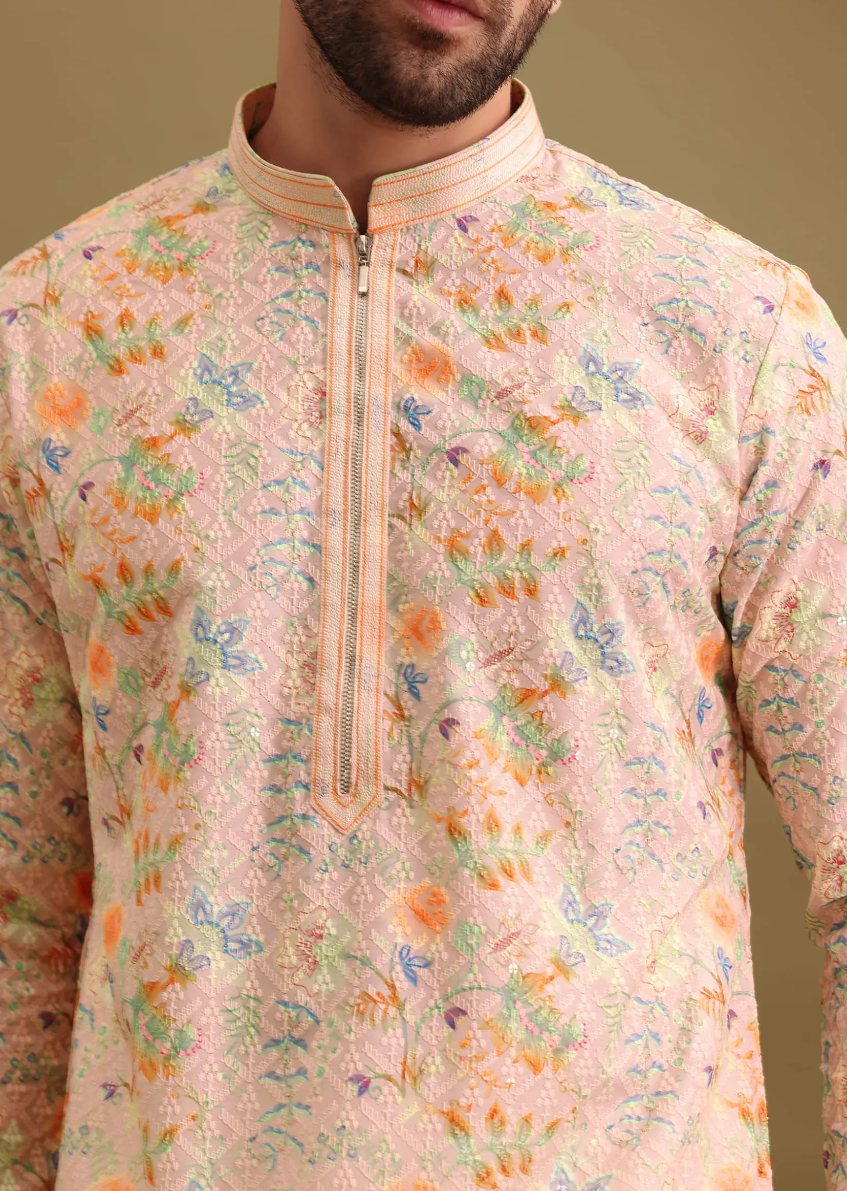 Peach Printed Silk Kurta Set For Men