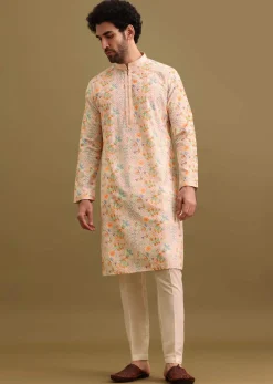 Peach Printed Silk Kurta Set For Men