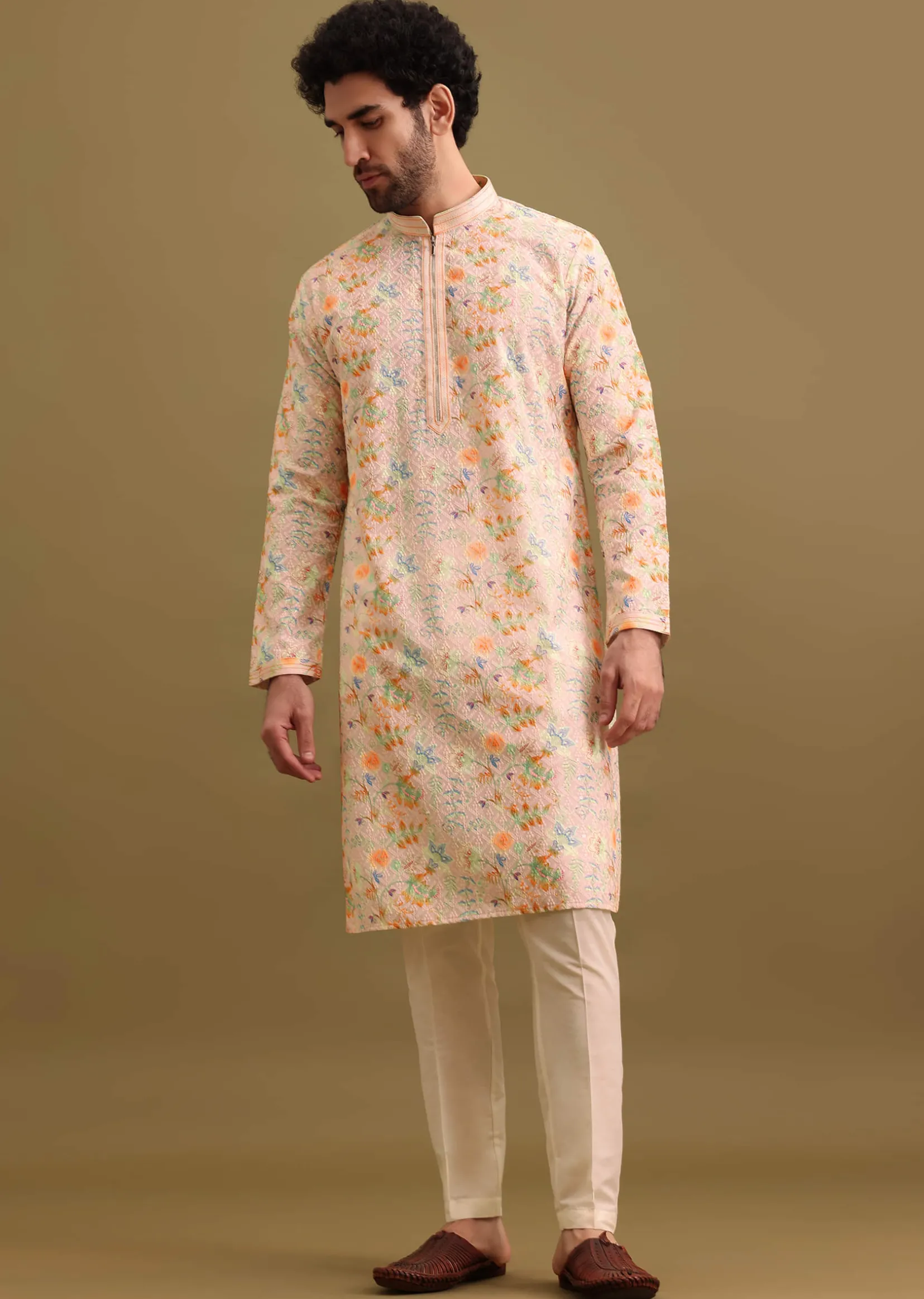 Peach Printed Silk Kurta Set For Men