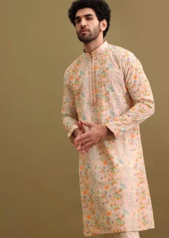 Peach Printed Silk Kurta Set For Men