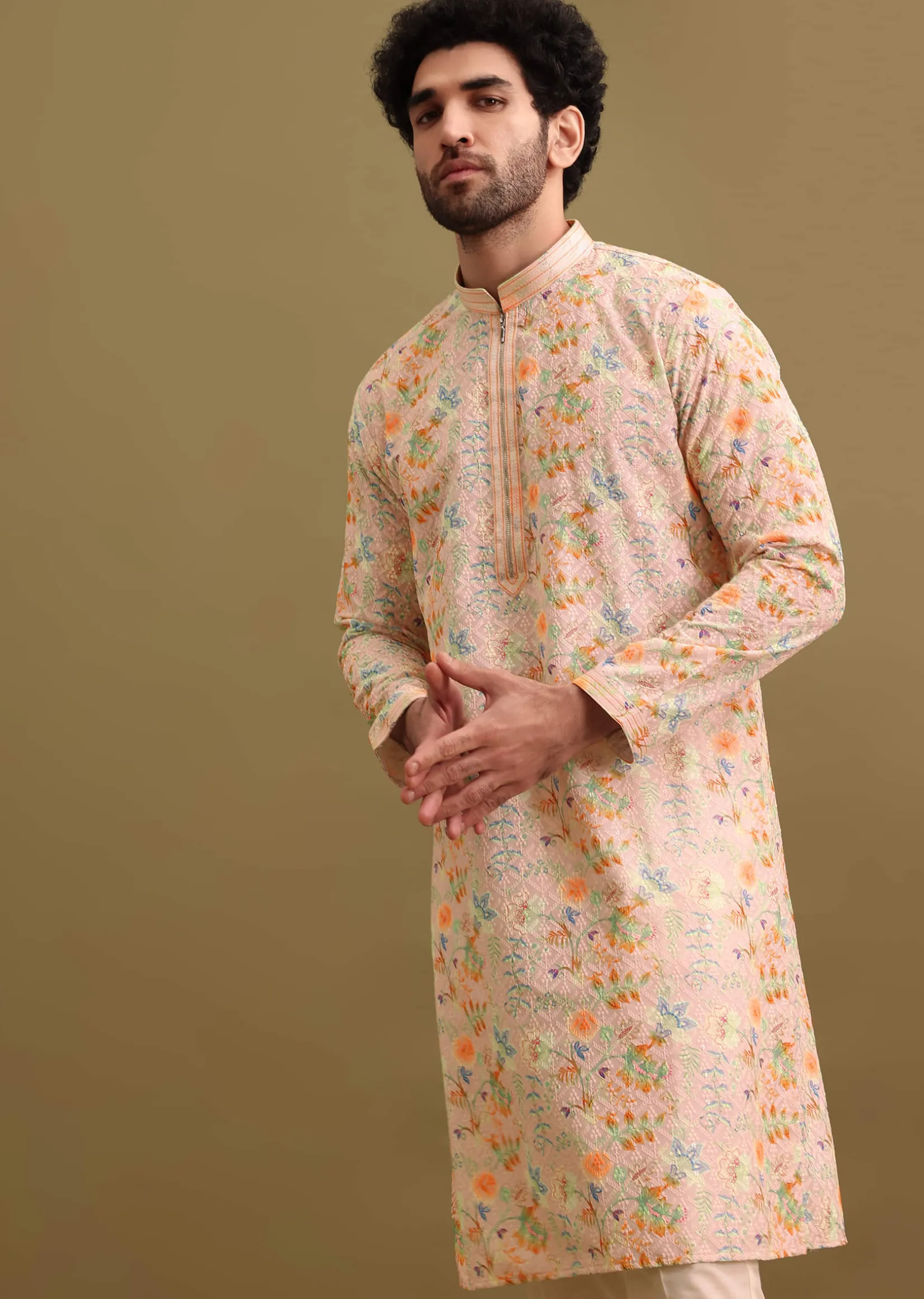 Peach Printed Silk Kurta Set For Men
