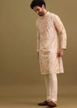 Peach Printed Silk Kurta Set For Men