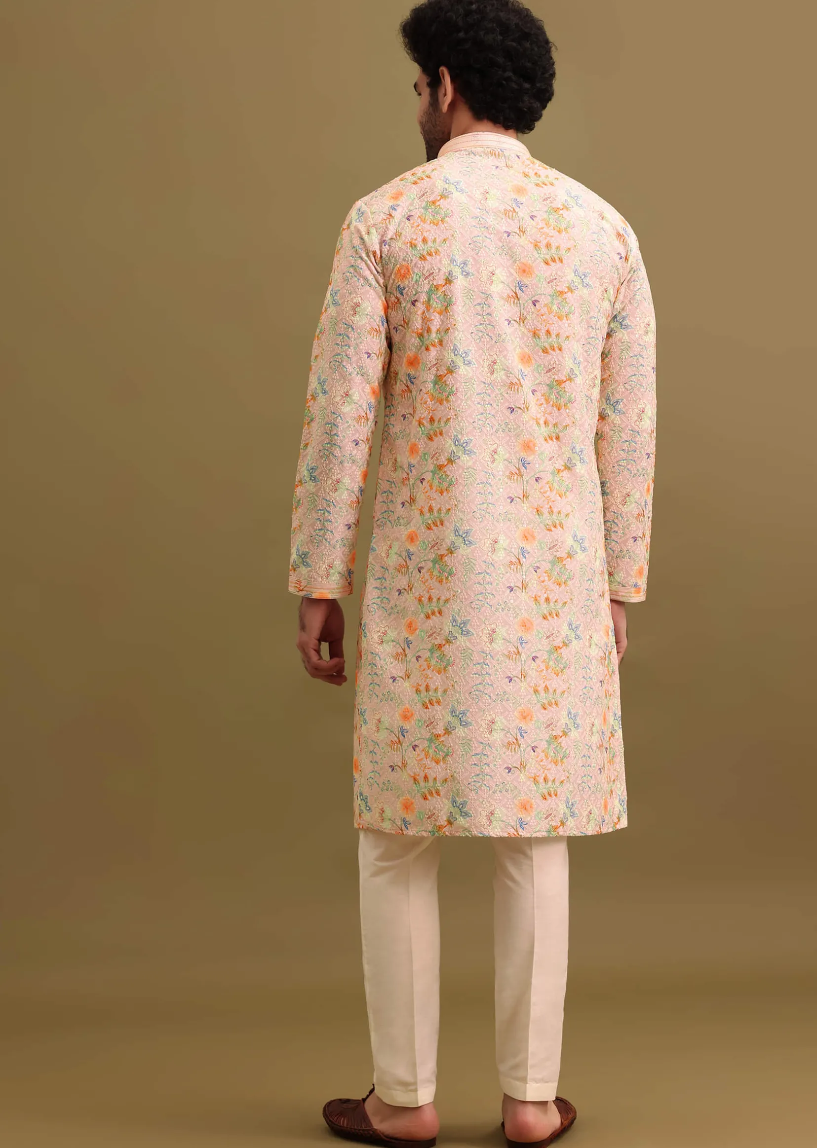 Peach Printed Silk Kurta Set For Men