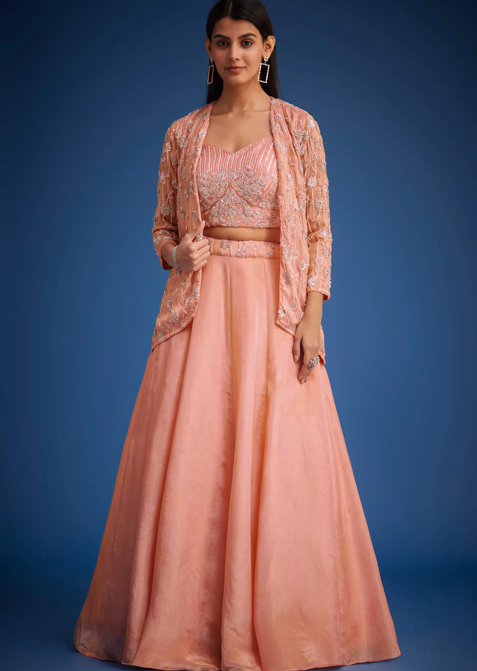 Peach Raw Silk Embroidered Jacket Lehenga Set
